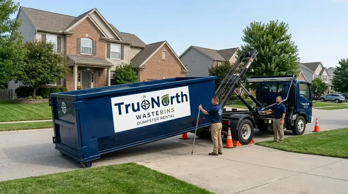 Dumpster rental in Duluth, MN A True North Waste Bins truck setting a roll-off container down in a driveway, with two crew members beside it