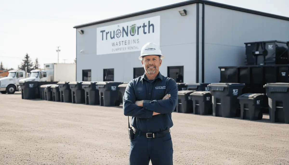 A True North Waste Bins crew member in a hard hat outside the depot